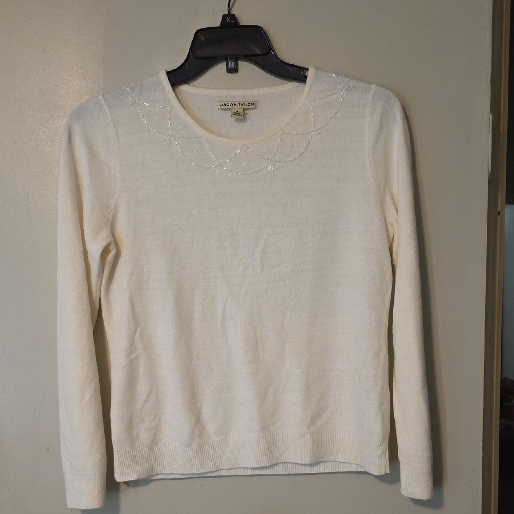Karen Scott Cream Long-Sleeve Beaded Crewneck Sweater